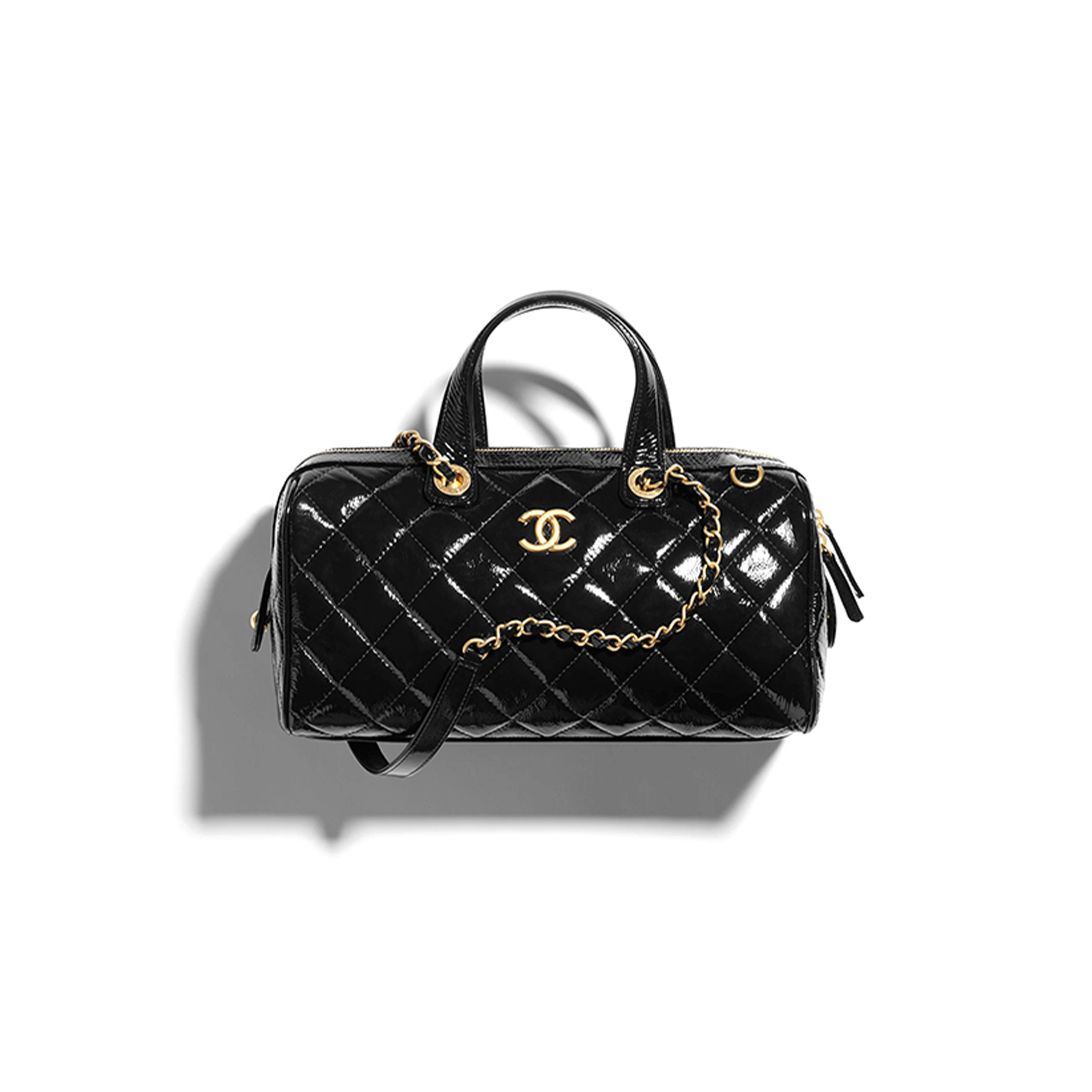 CHANEL LARGE BOWLING BAG PATENT CRUMPLED CALFSKIN & GOLD-TONE METAL BLACK AS5579 (31*17*13cm)